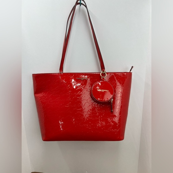 Karl Lagerfeld Handbags - KARL LAGERFELD Red Paris Signature Shoulder Tote Bag Charm Purse Bag.